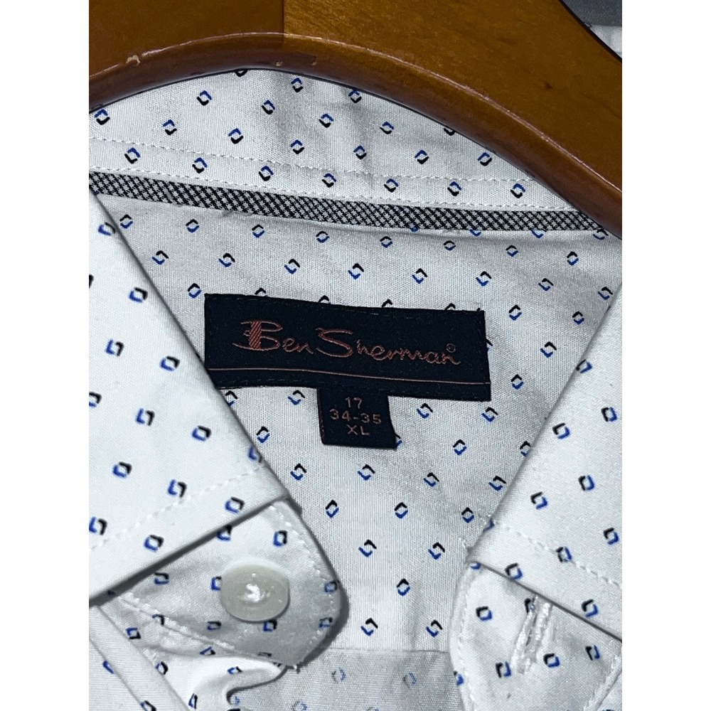 Ben Sherman Mens XL White Blue Geometric Diamond Print Long Sleeve Button Down